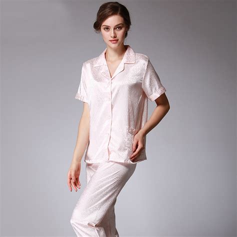 Ps039 Satin Silk Women Pajamas High Quality 2 Pieces Pajama Set Short Sleeves And Full Length