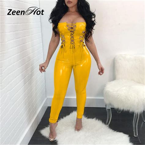 Women Faux Leather Bodycon Jumpsuits Fashion Lace Up Pu Bandage Female Overall Rompers Sexy