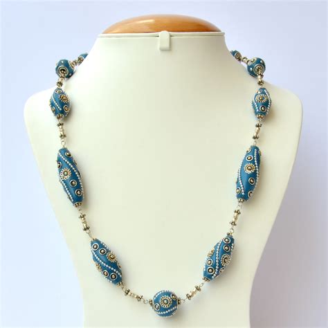 Handmade Necklace Having Blue Beads With Metal Accessories Maruti Beads
