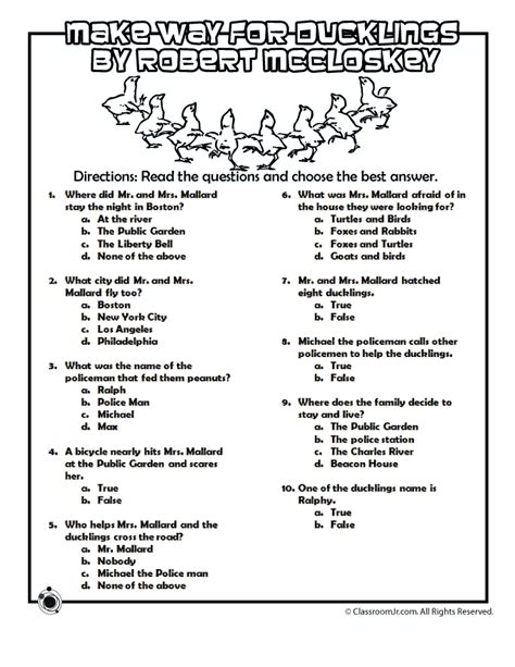 Multiple choice printable trivia questions. Make Way for Ducklings Reading Comprehension Multiple ...