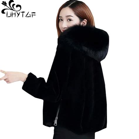 Uhytgf New Winter Faux Fur Coat Short Jacket Women Imitation Fox Fur Collar Hooded Black Fur