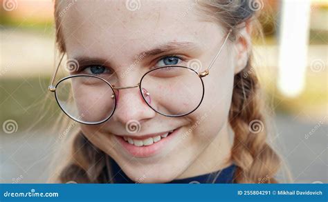 A Teenage Girl Wearing Glasses Close Up Of Her Face Stock Image