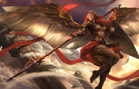 In norse mythology, a valkyrie is one of a host of female figures who choose those who may die in battle and those who may live. Wallpaper wings, warrior, spear, shield, Heroes of Newerth ...