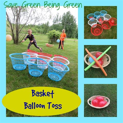Basket Balloon Toss Using Laundry Baskets In Red White And Blue For A