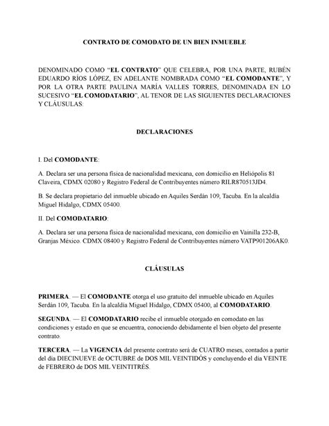 Ejemplo De Contrato De Comodato En Word CONTRATO DE COMODATO DE UN