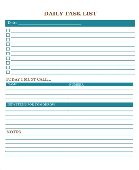 Daily Work Task Template
