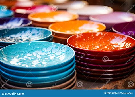 Table Topped With Lots Of Plates Covered In Different Colors