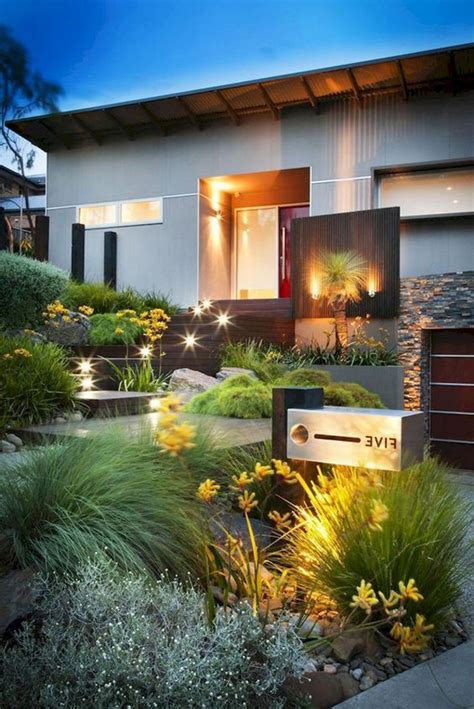 Modern Urban Front Yard Garden With Lighting Ideas Homemydesign