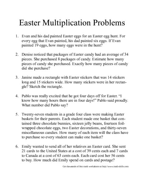 Easter Multiplication Problems Worksheet For 4th 6th Grade Lesson