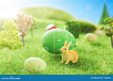 Rabbit Toy And Easter Eggs In Green Grass Stock Image Image Of Basket