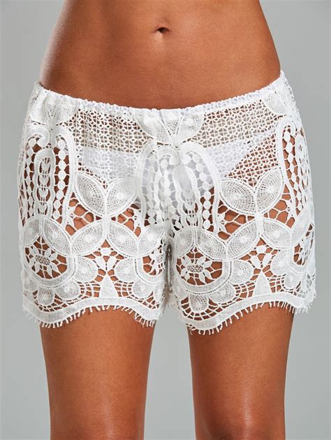 2018 Crochet Lace Swimsuit Cover Up Shorts In White One Size