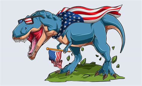 Blue Angry T Rex Dinosaur With American Flag And Usa Sunglasses