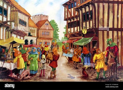 Illustration Depicting A Medieval English Village With Market And Shops