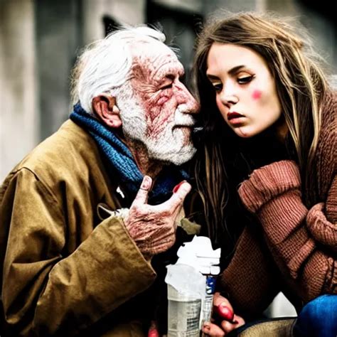 Portrait Beautiful Girl Kissing Dirty Homeless Old Man Stable Diffusion