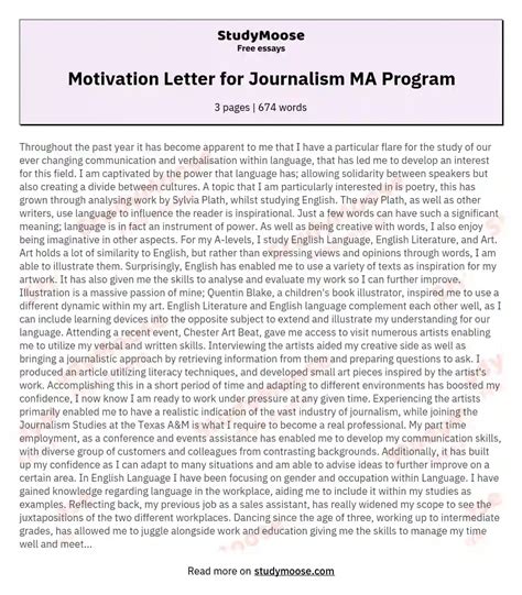 Motivation Letter For Journalism Ma Program Free Essay Example