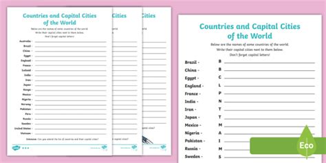 Capitals And Countries Around The World Worksheet