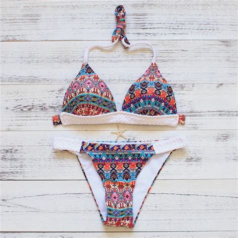Women Summer Swimwear Vintage Bohemia Printed Bikini V Neck Push Up Bikini Set Sexy Brazilian