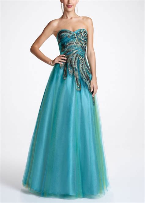 Strapless Tulle Peacock Inspired Prom Ball Gown Davids Bridal