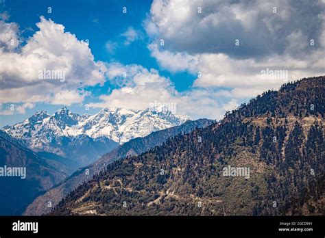 Himalaya Mountain Valley With Bright Blue Sky At Day From Hilltop Image