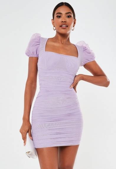 Missguided Lilac Mesh Puff Sleeve Ruched Mini Dress Square Neck Dresses