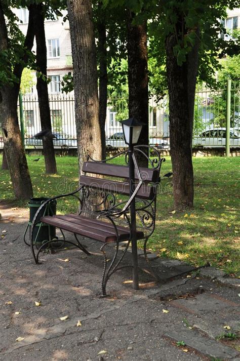 View Of The City Square Beautiful Park Bench With A Lantern Editorial Stock Image Image Of