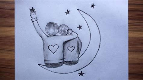 how to draw romantic couple sitting on the moon pencil sketch step by step easy love