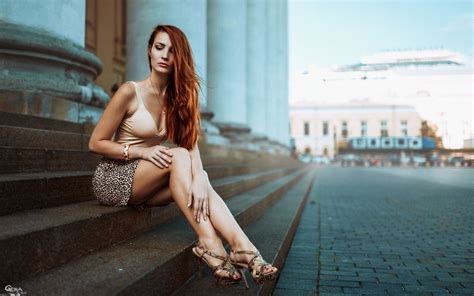 women redhead long hair legs skirt high heels stairs sitting women outdoors miniskirt