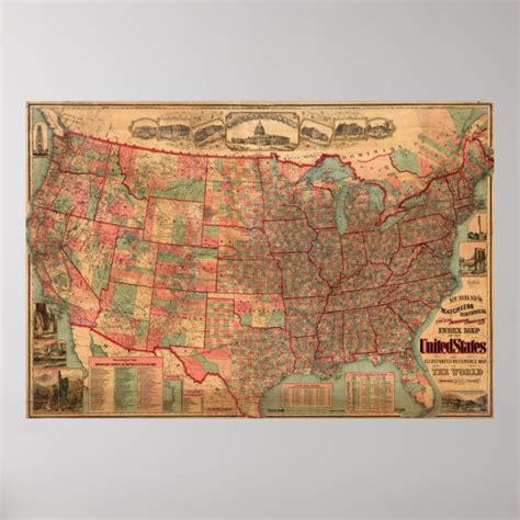 Vintage United States Map 1883 Poster