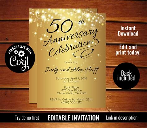 50th Anniversary Invitation Golden Invite Instant Download Etsy