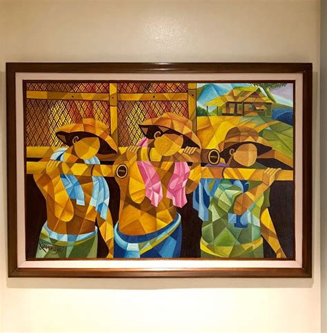 Bahay Kubo Bayanihan Men 40x29 Inches Oil On Canvas Painting With Wood