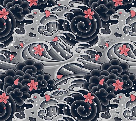 Japanese Red Flower Waves Pattern Digital Art By Noirty Designs Fine