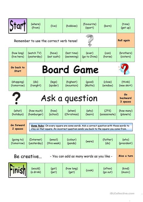 Maybe you would like to learn more about one of these? Board Game - Ask a Question (Medium) worksheet - Free ESL printable worksheets made by teachers