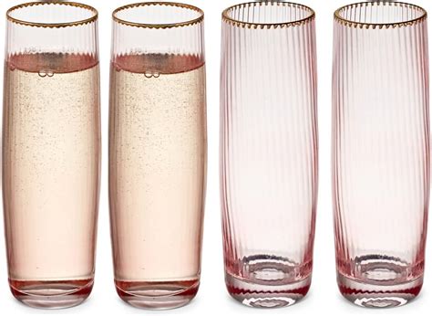 Drinkind Ribbed Champagne Glasses Set Of 4 Pink Stemless Prosecco Glasses Borosilicate