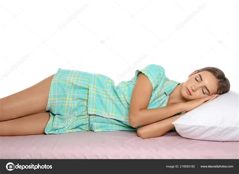 Beautiful Teen Girl Sleeping Comfortable Pillow Bed White Background