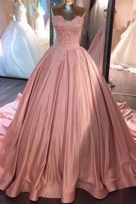 Ball Gown Pink Strapless Appliques Sweetheart Sweep Train Satin Evening