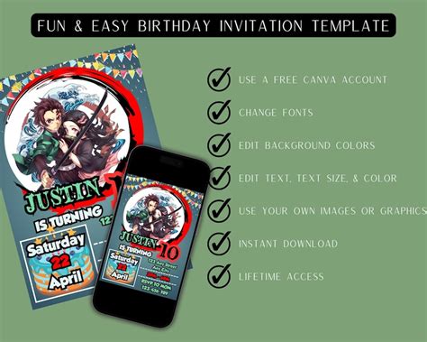 Editable Demon Slayer Birthday Invitation Template Printable Demon