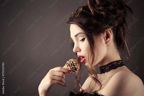 Beautiful Sexy Woman Eating Ice Cream Stock Photo Adobe Stock