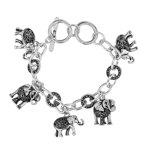 Silver Tone Adjustable Elephant Link Charm Bracelet W Crystal Accents