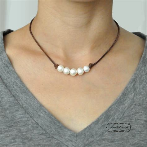 Five Pearl Leather Necklace Pearl Necklace Black Etsy