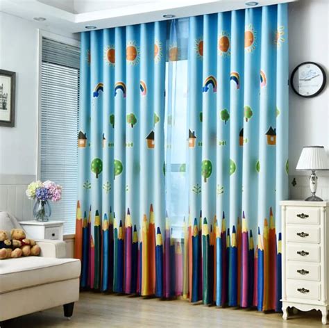 Children Pencil Curtains Cartoon Printed Window Drapes Sheer Tulle