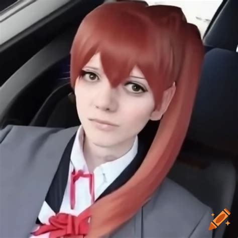 Man In Monika Cosplay Doing An Interview In A Car On Craiyon