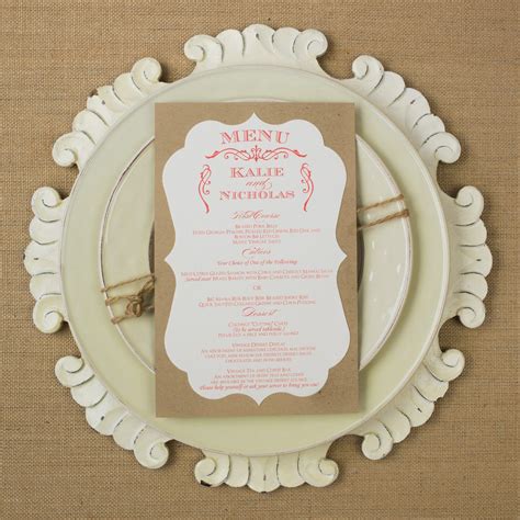 Wedding menu with green herb sprig. Rustic Wedding Dinner Menus - Too Chic & Little Shab Design Studio, Inc.