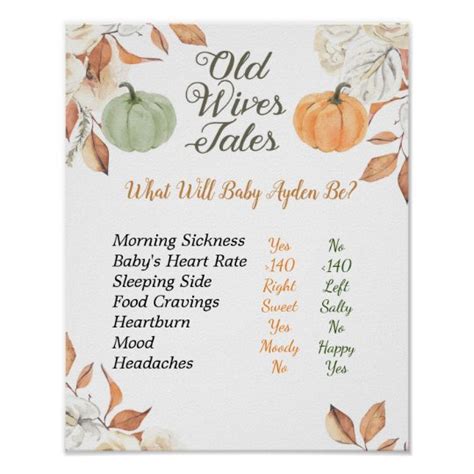 Rustic Pumpkin Old Wives Tales Gender Reveal Board Poster