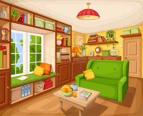 Living Room Interior With Bookcase Sofa And Table Vector Illustration