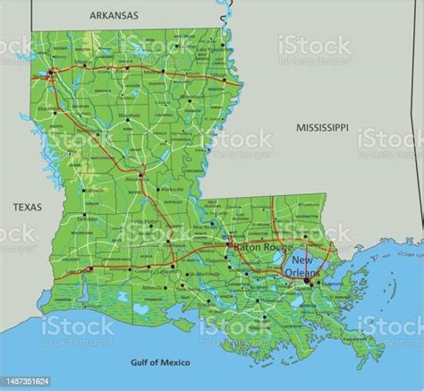 High Detailed Louisiana Physical Map With Labeling Stock Illustration