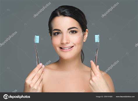 Portrait Beautiful Woman Holding Tooth Brushes Isolated Grey — Stock