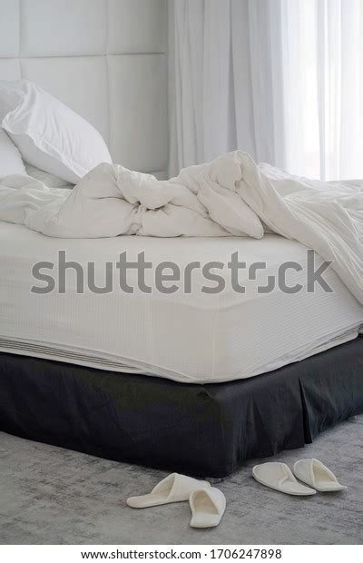 Rumpled Bed Hotel Closeup Unfinished Messy Stock Photo 1706247898