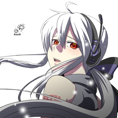 An Anime Character With White Hair And Red Eyes Wearing Headphones In