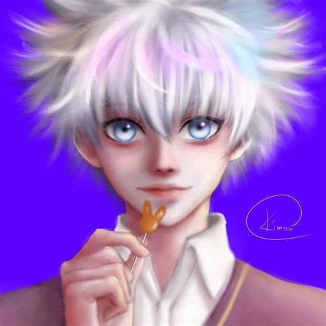 An Anime Character With White Hair And Blue Eyes Holding A Lollipop In