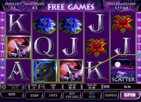 An animated panther (a wild symbol), a lake (a scatter), a wolf, an owl, a butterfly, red & blue flowers, and classic card deck icons (nines, tens, jacks, queens and kings). Panther Moon Slot Review - Free Spins, Payouts and More!